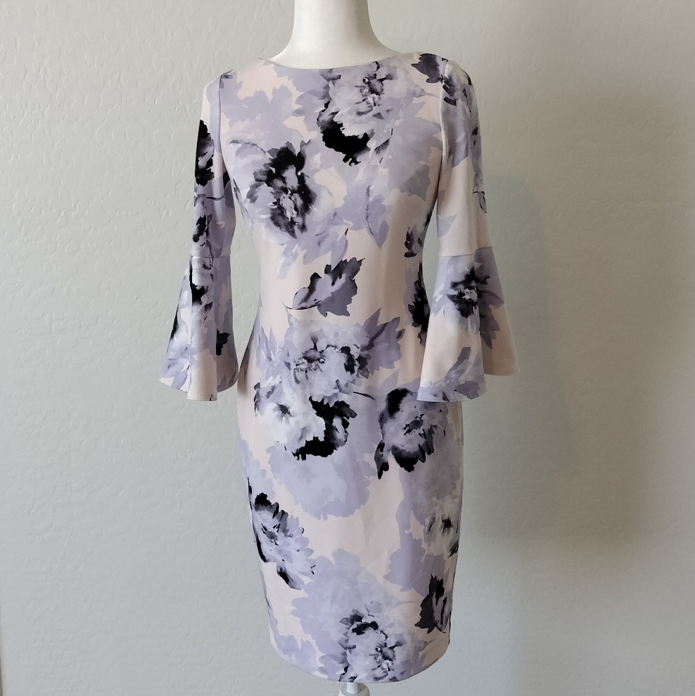 Calvin Klein Lavender and Black Floral Long Sleeve Dress